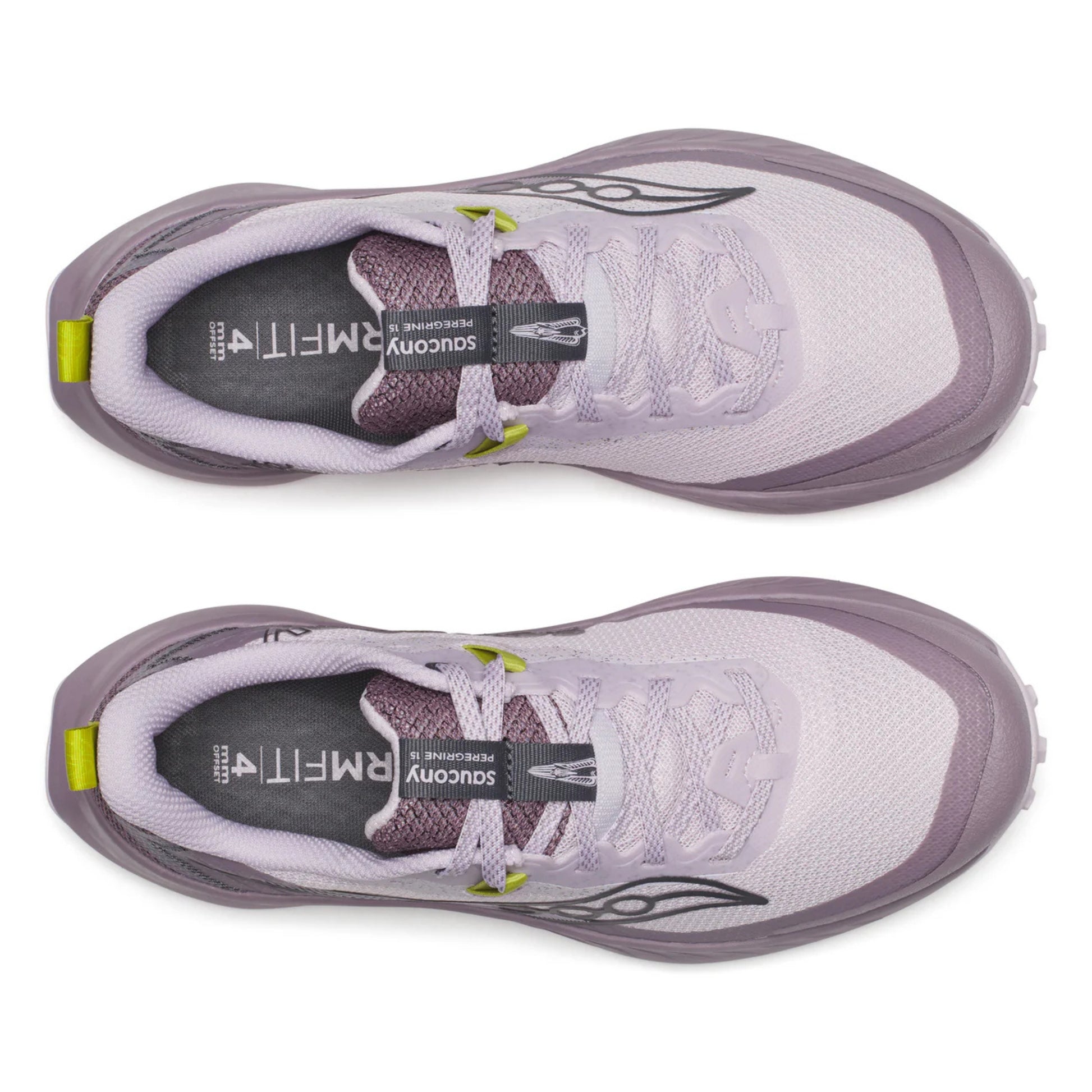 Purple and light purple running shoes with a visible brand logo on a white background
