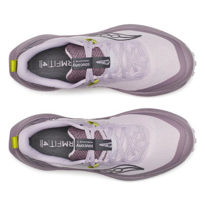 Purple and light purple running shoes with a visible brand logo on a white background