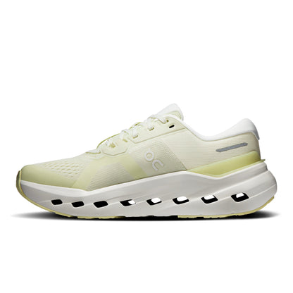 A single On running shoe in a pale cream and light yellow-green colorway, shown in a side profile on a clean white background.