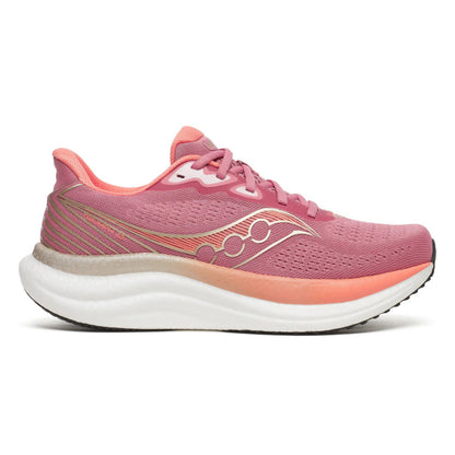 Pink Saucony running shoe with white sole on a white background