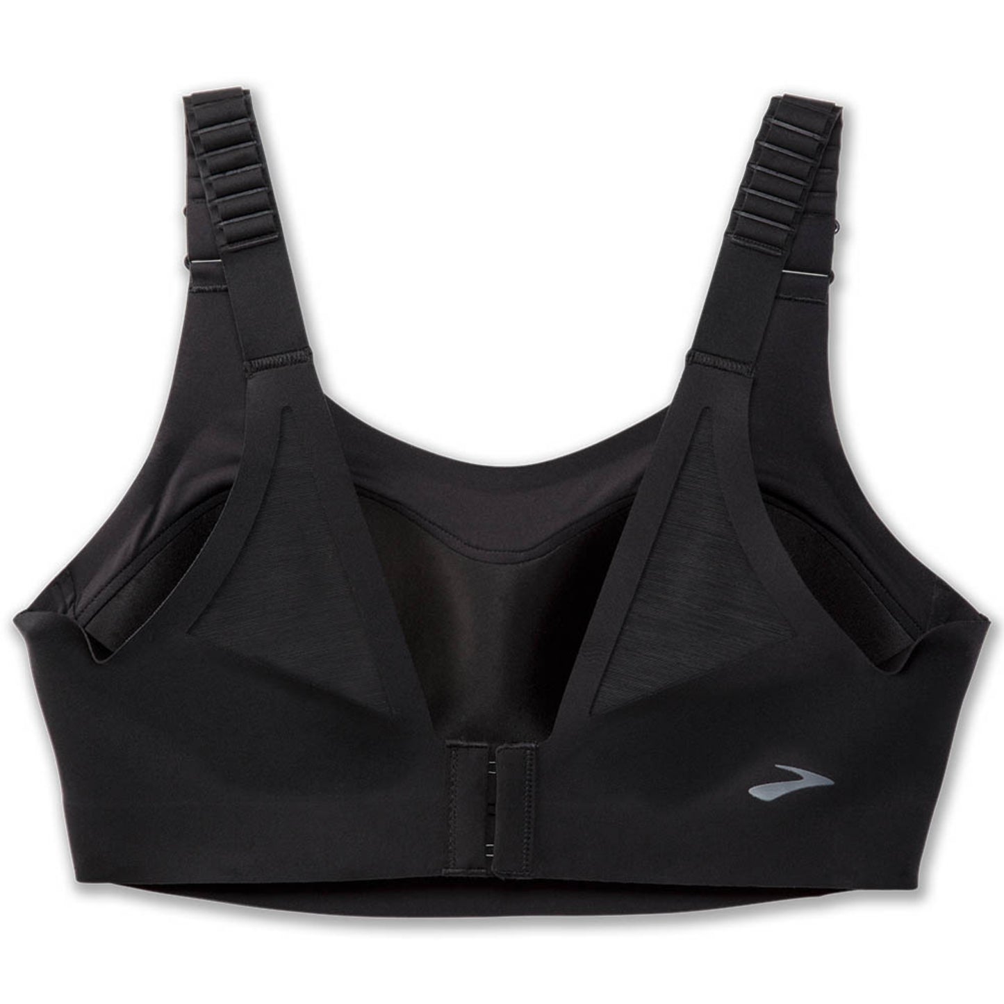 Black sports bra with brand logo on a white background