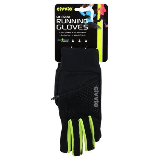 Black running glove with green accents on a white background, featuring Civvio branding.