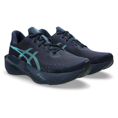 A pair of Asics running shoes in dark navy blue with bright teal accents on the side stripes and tongue, displayed on a clean white background.