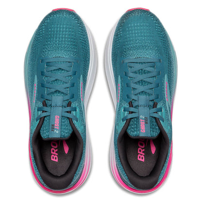 Storm blue and pink running shoes with 'Brooks' branding on a white background