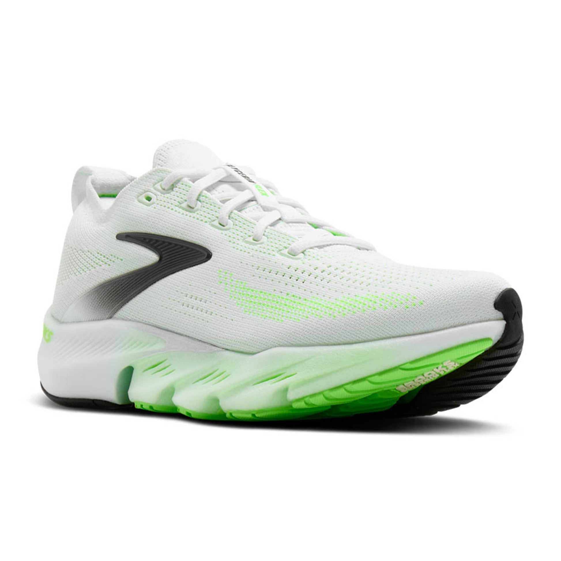 WhiteBrooks  running shoe with green sole on a white background