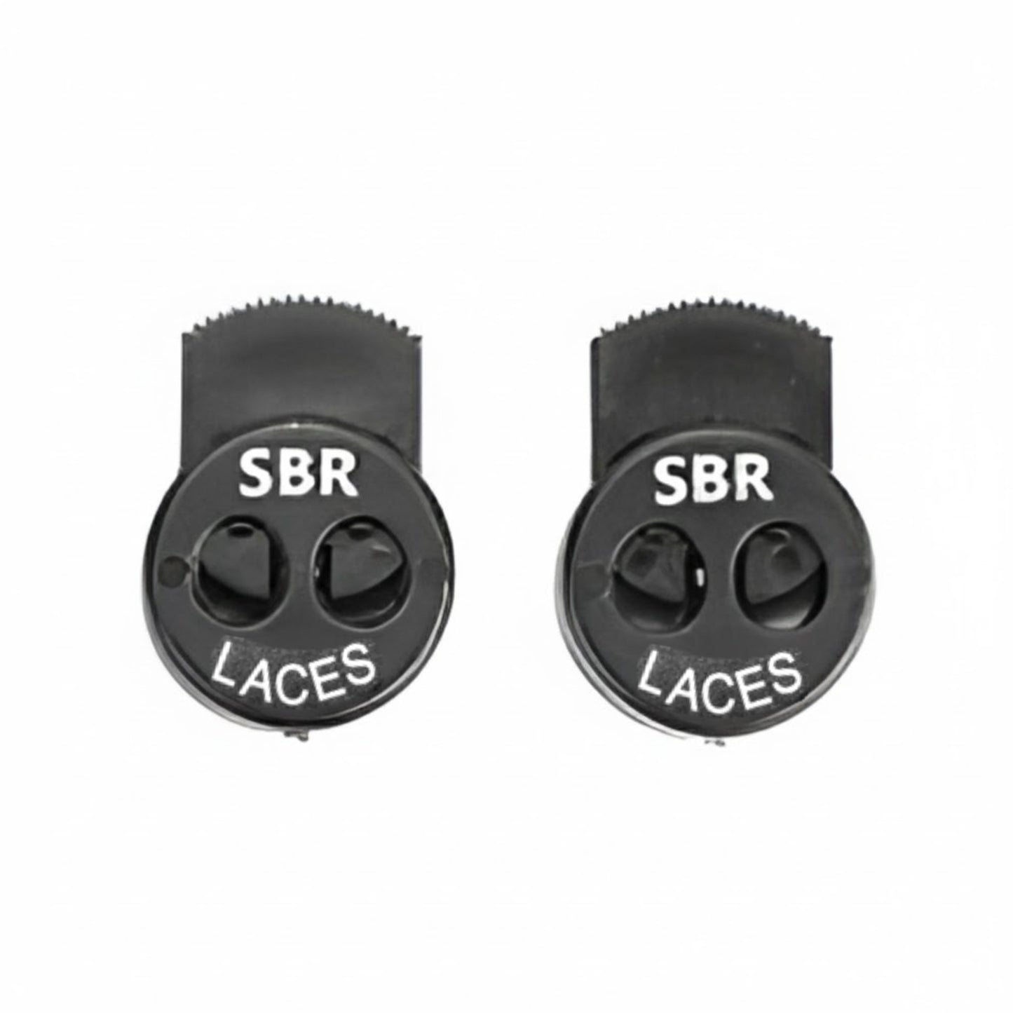 Two black lace locks with 'SBR LACES' text on a white background