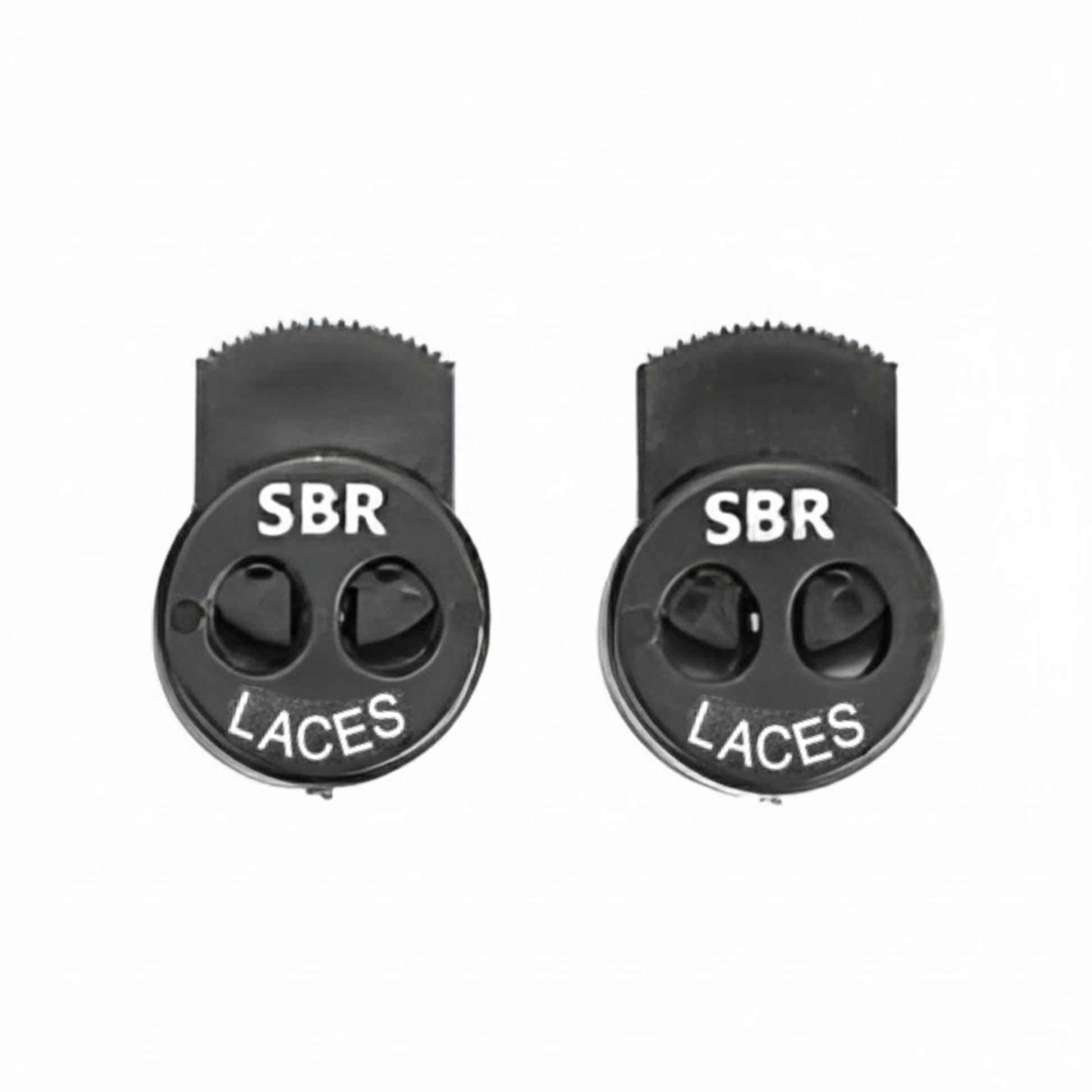Two black lace locks with 'SBR LACES' text on a white background
