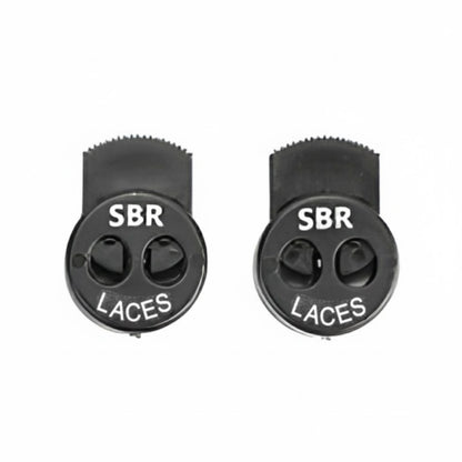 Two black lace locks with 'SBR LACES' text on a white background