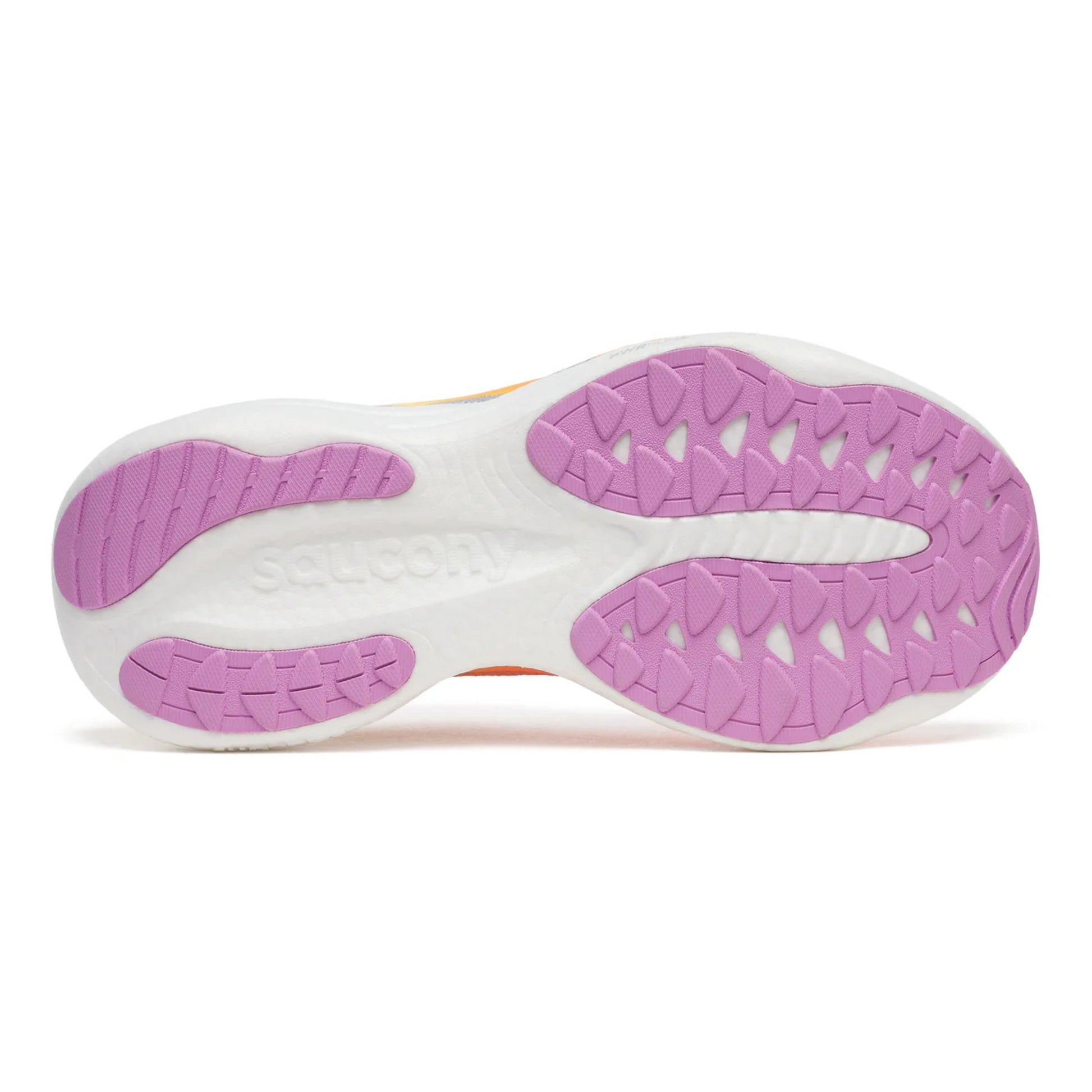 Close-up of a Saucony running shoe sole with purple tread pattern on a white background