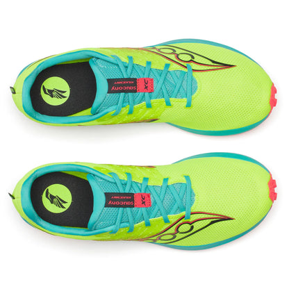 Pair of neon green running shoes with blue accents on a white background