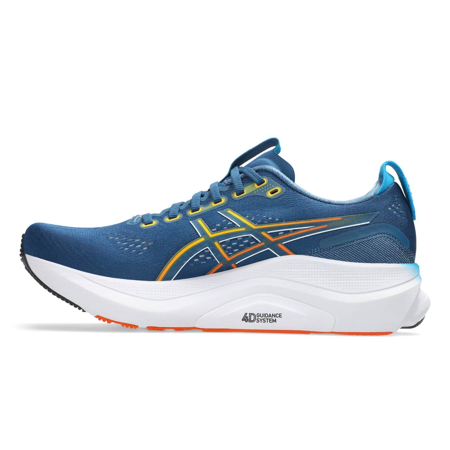 Blue running shoe with white sole on a white background