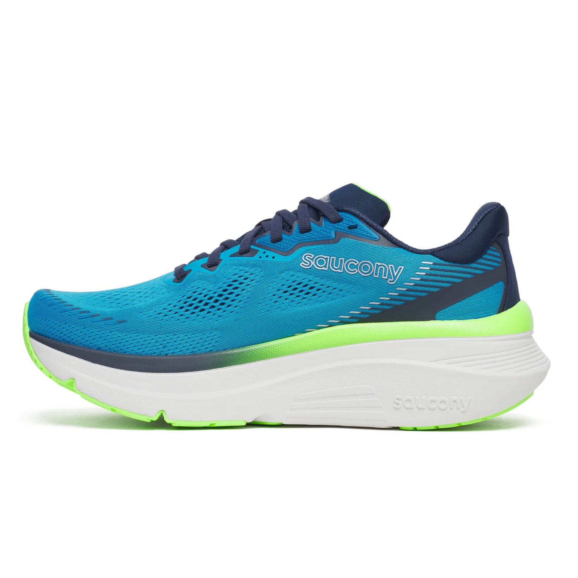 Blue and green running shoe with 'Saucony' branding on a white background