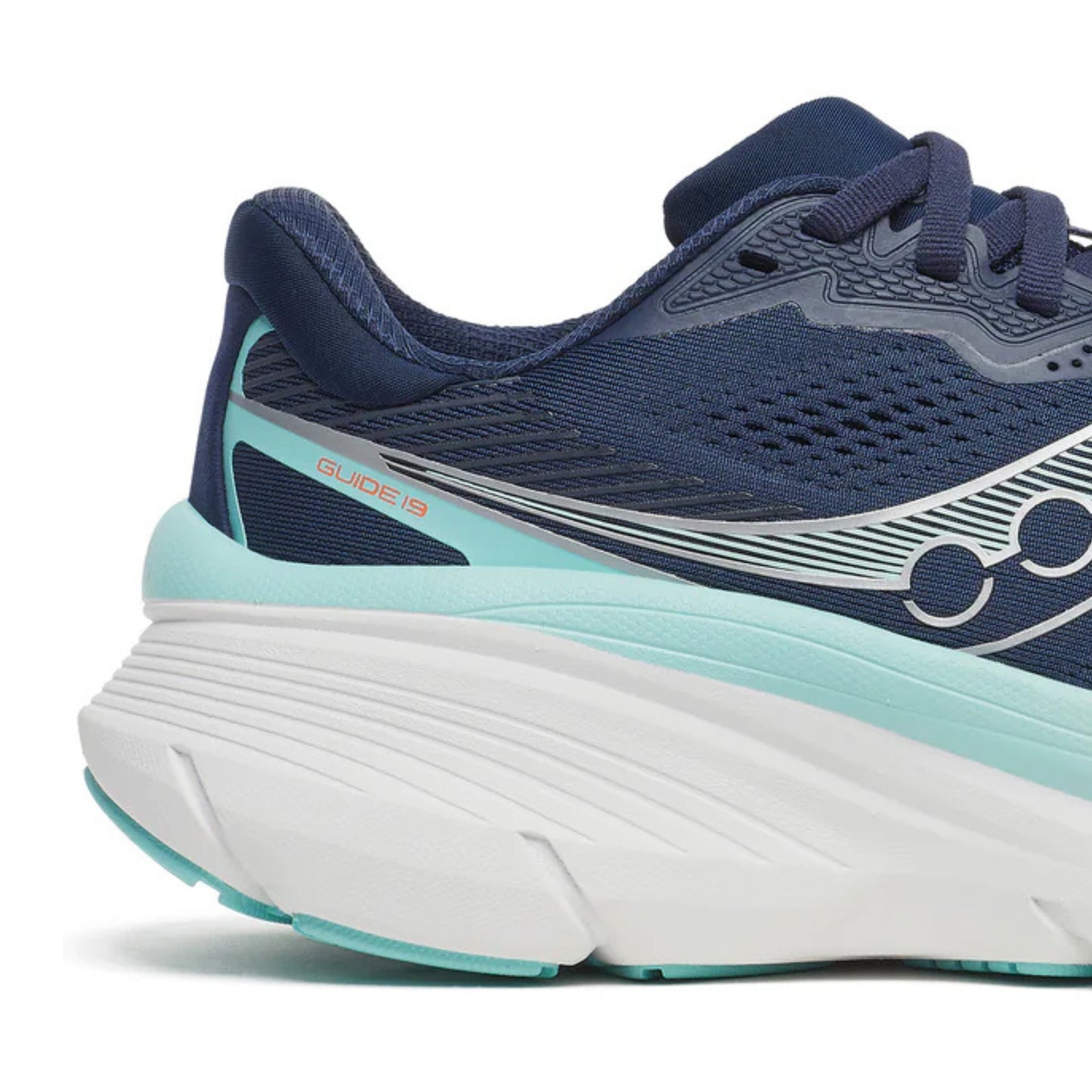 Navy and light blue Saucny running shoe with the wording Guide 29 and a white sole on a white background