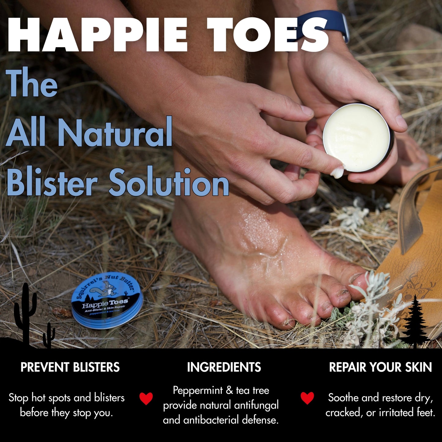 Person applying a blister solution to their foot with text about 'Happie Toes' product.