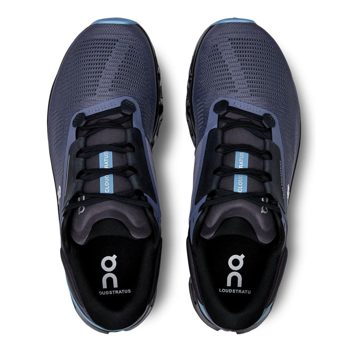 Pair of blue running shoes with black soles on a white background