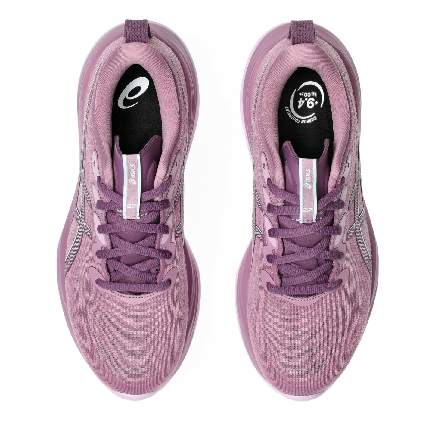 Pair of pink Asics running shoes with visible brand logo on a white background