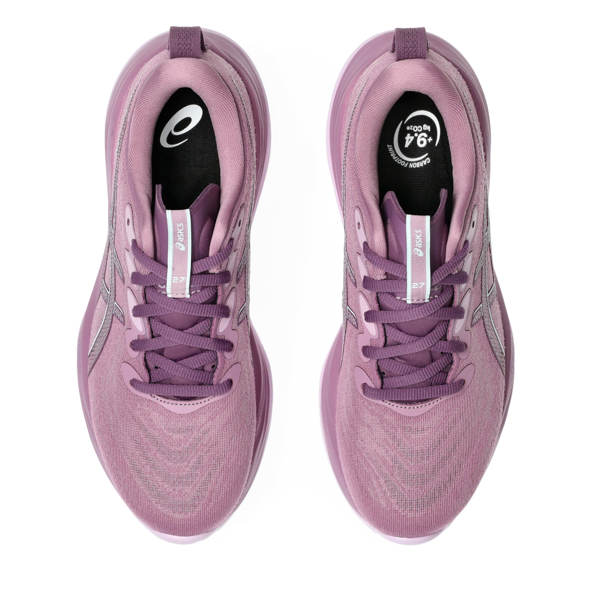 Pair of pink Asics running shoes with visible brand logo on a white background