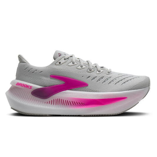 Gray Brooksrunning shoe with pink sole on a white background