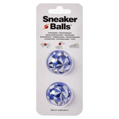 Sneaker Balls packaging with two blue and silver balls on a white background