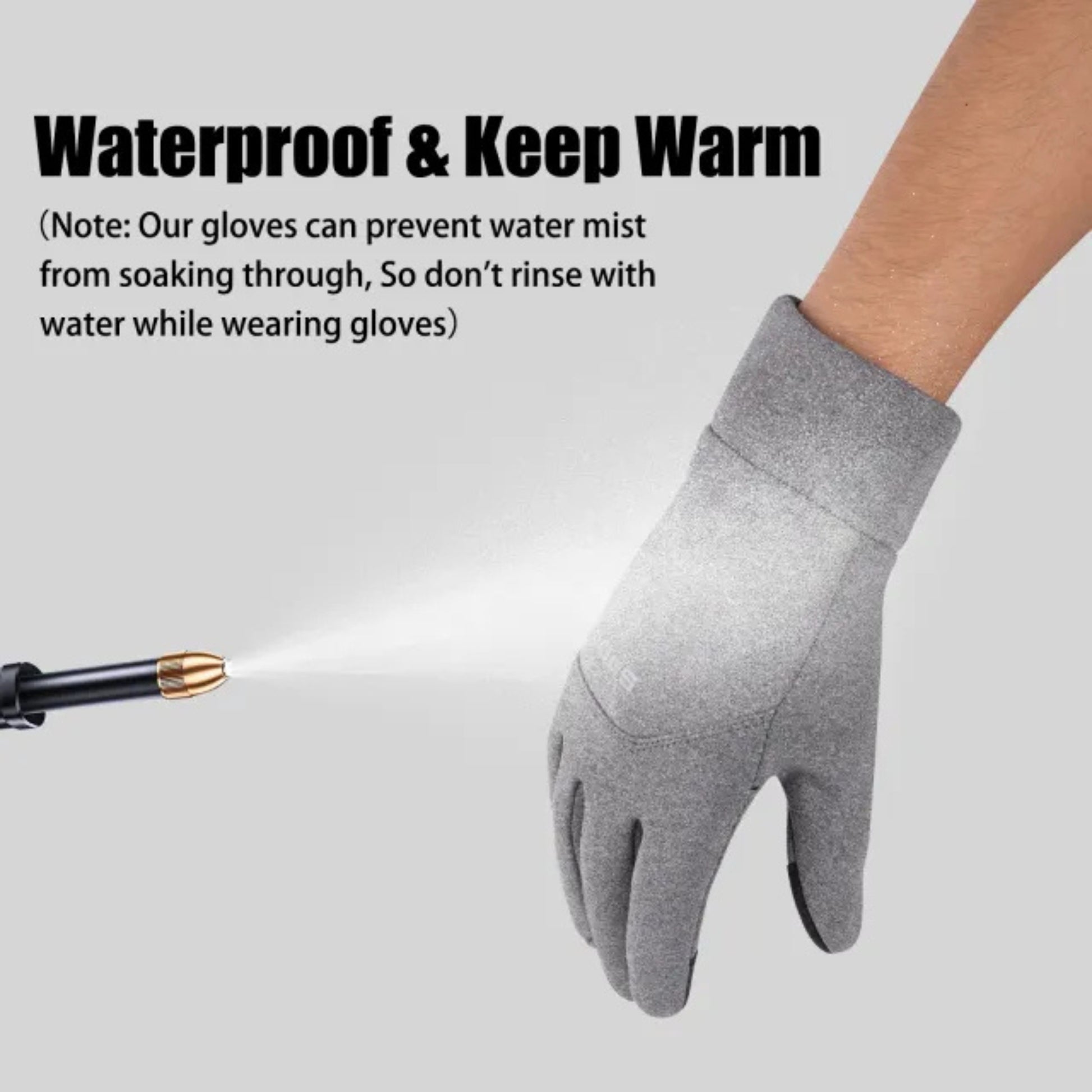 Gray glove with text highlighting waterproof and warm properties on a light gray background