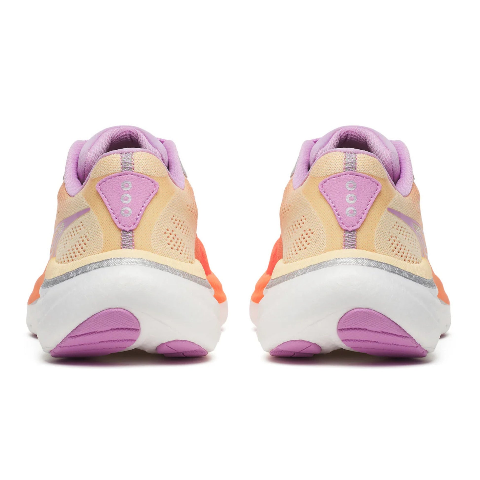 Back view of a pair of Saucony running shoes with pink and orange accents on a white background