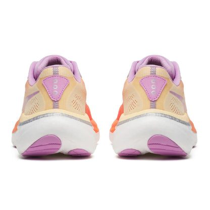 Back view of a pair of Saucony running shoes with pink and orange accents on a white background