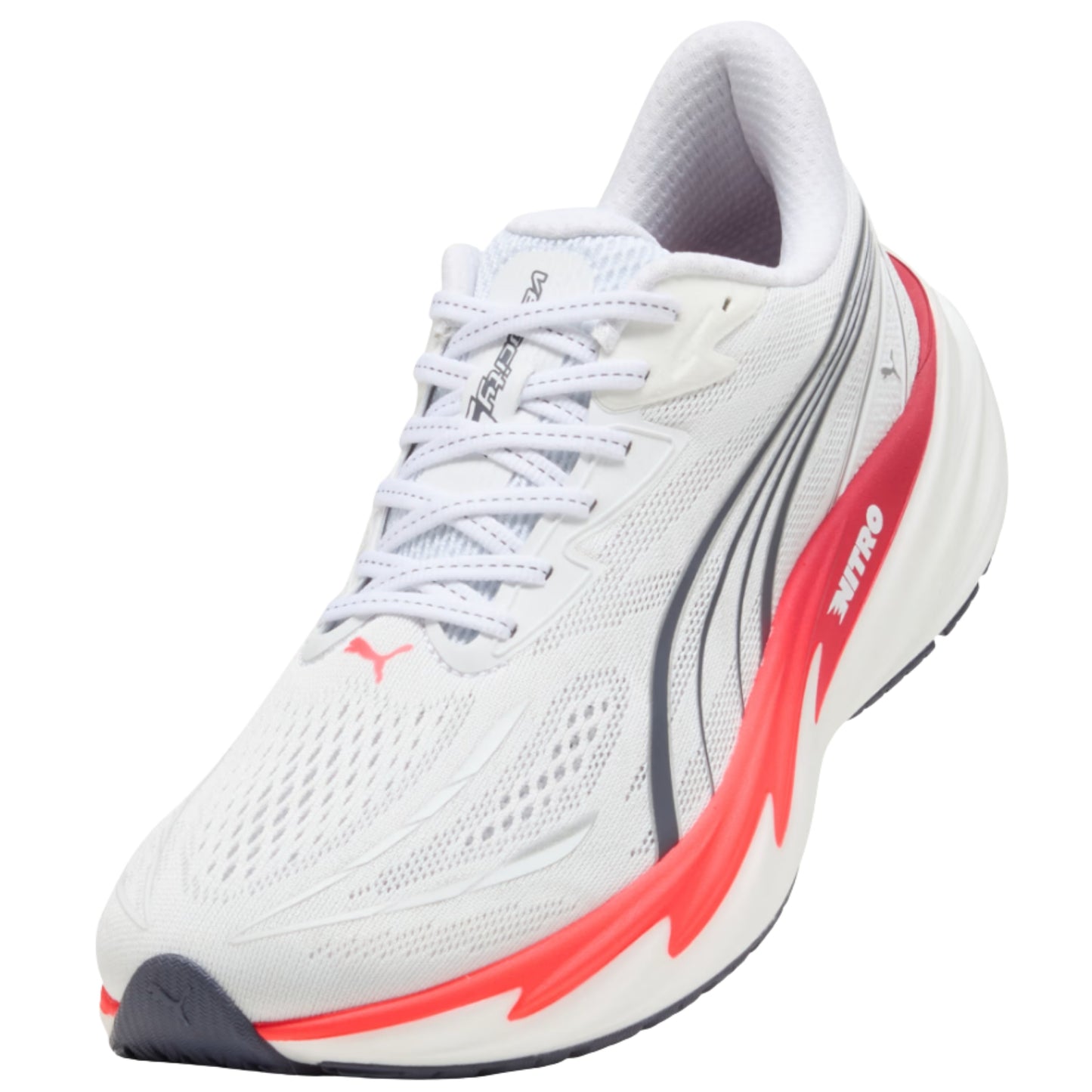 A white Puma running shoe with vibrant red and gray accents, featuring a breathable mesh upper, white laces, and a thick cushioned sole.