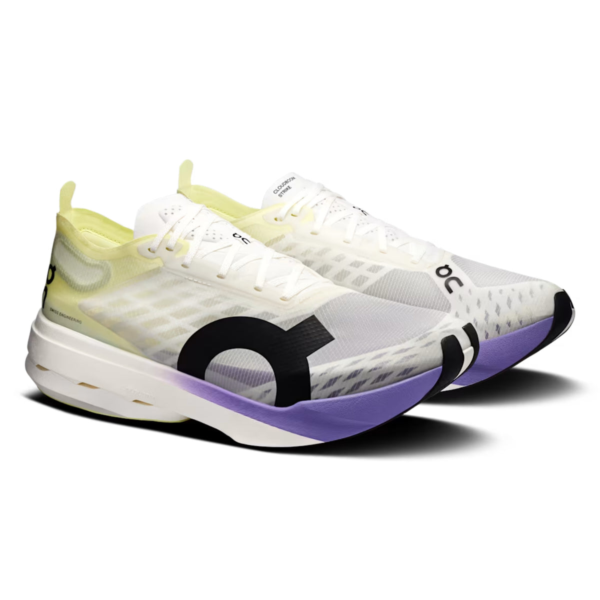 White On running shoes with purple and yellow accents on a white background
