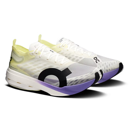 White On running shoes with purple and yellow accents on a white background