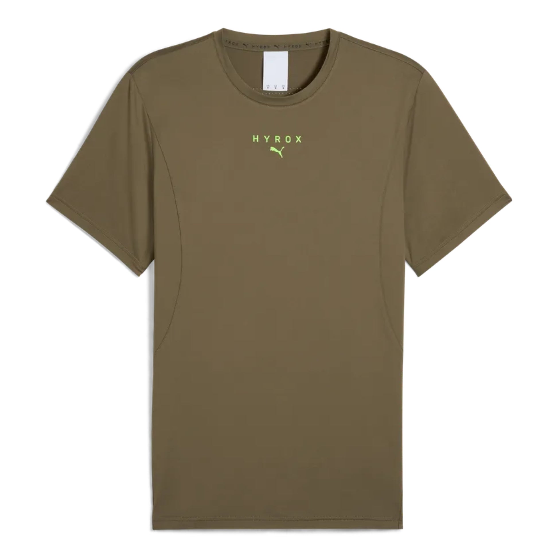 Olive green t-shirt with 'HYROX' logo on a white background
