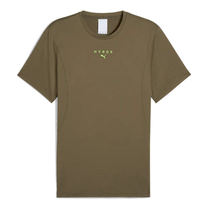 Olive green t-shirt with 'HYROX' logo on a white background