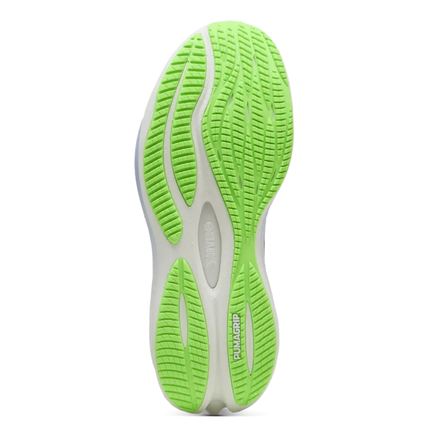 Close-up of a green and white shoe sole on a white background