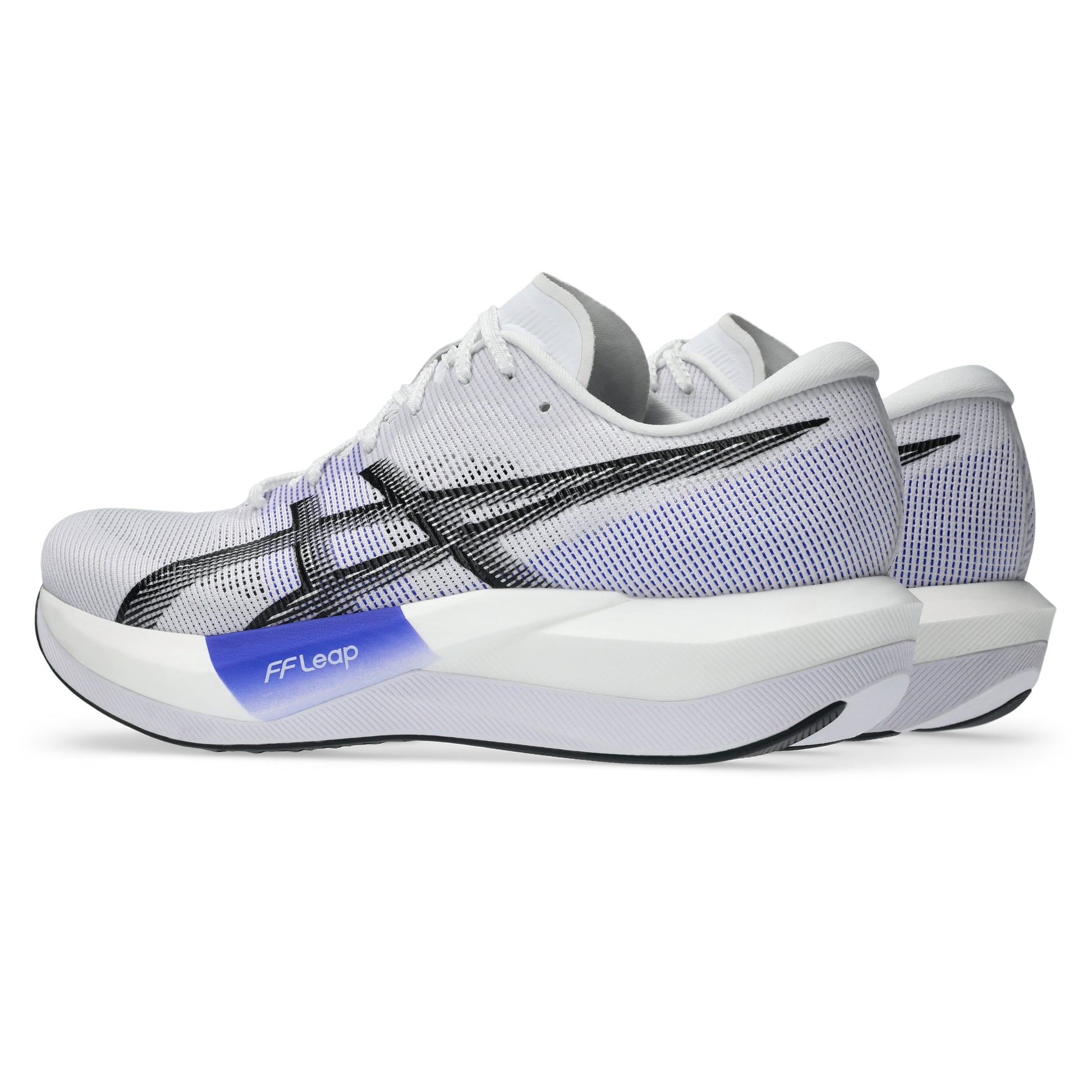 White running shoe with black accents on a white background