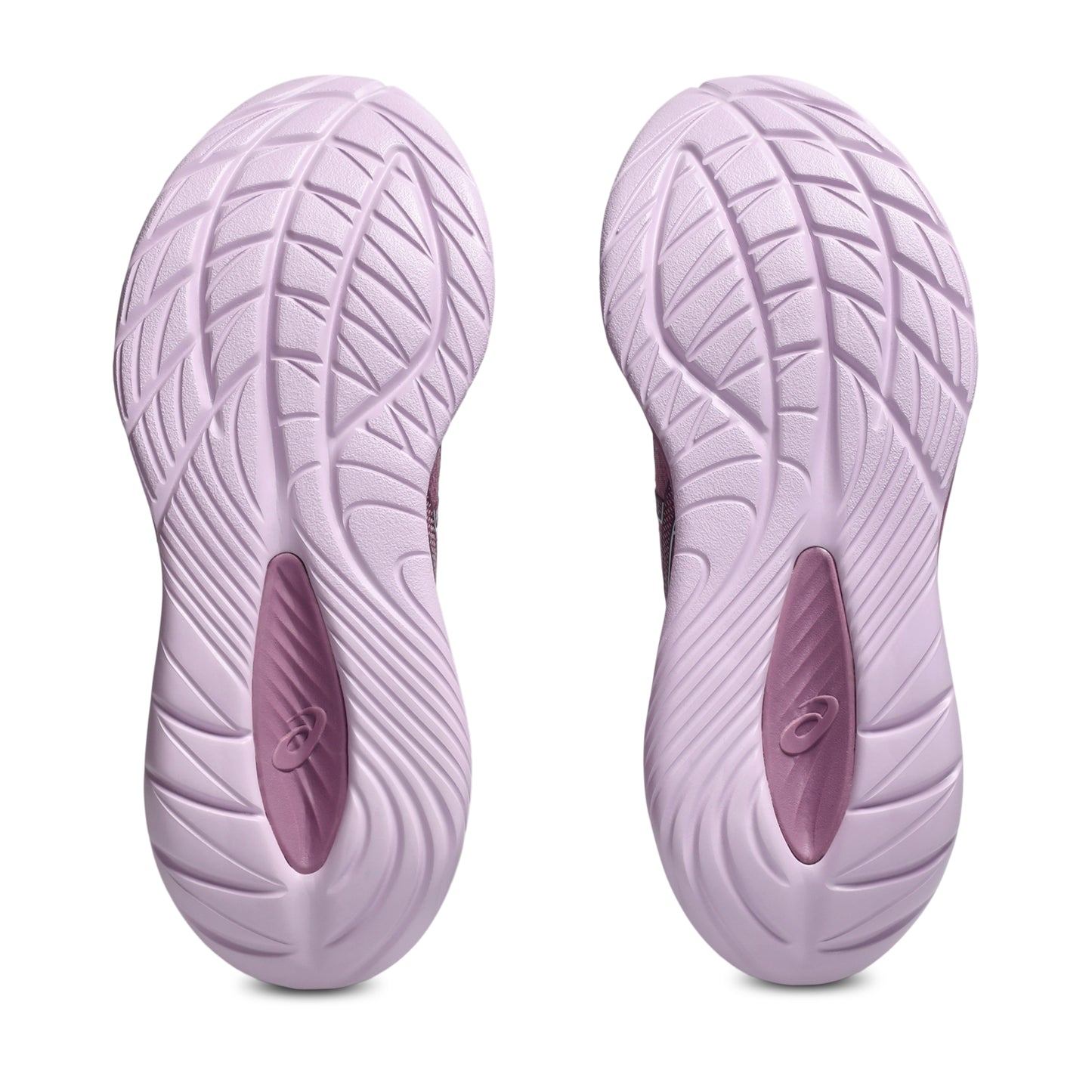Purple Asics running shoe sole with brand logo on a white background