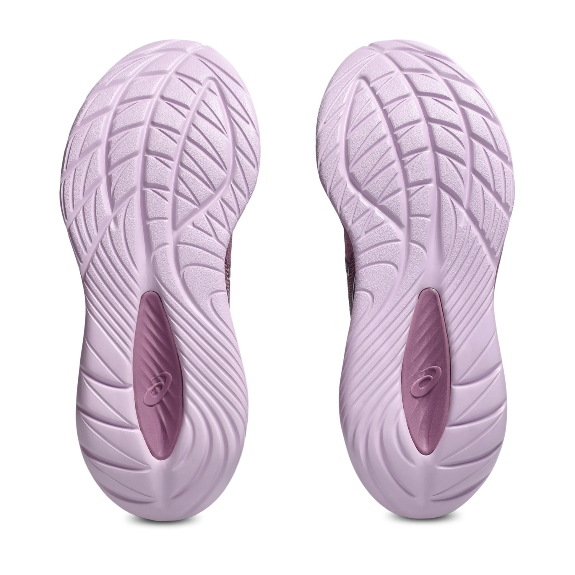 Purple Asics running shoe sole with brand logo on a white background