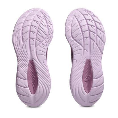 Purple Asics running shoe sole with brand logo on a white background