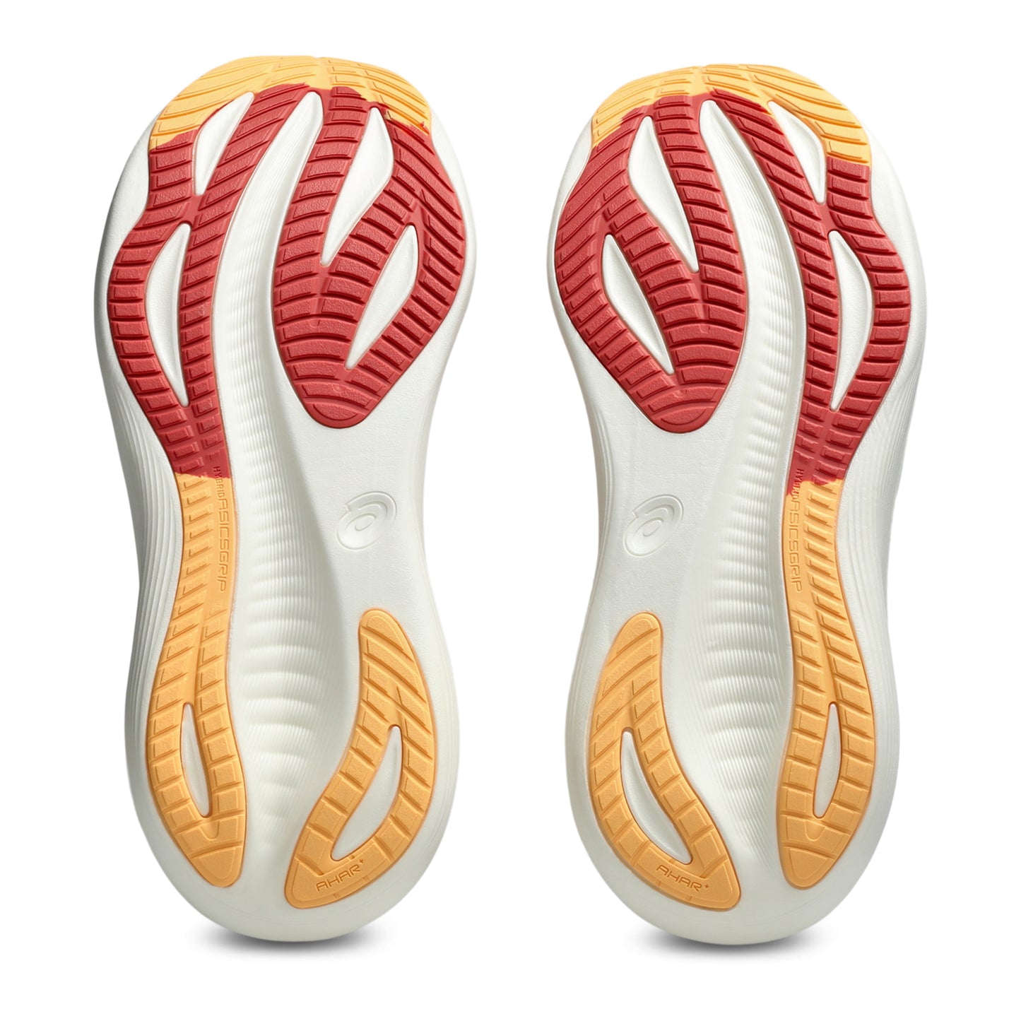 Close-up of a pair of running shoes with white, red, and orange sole design on a white background
