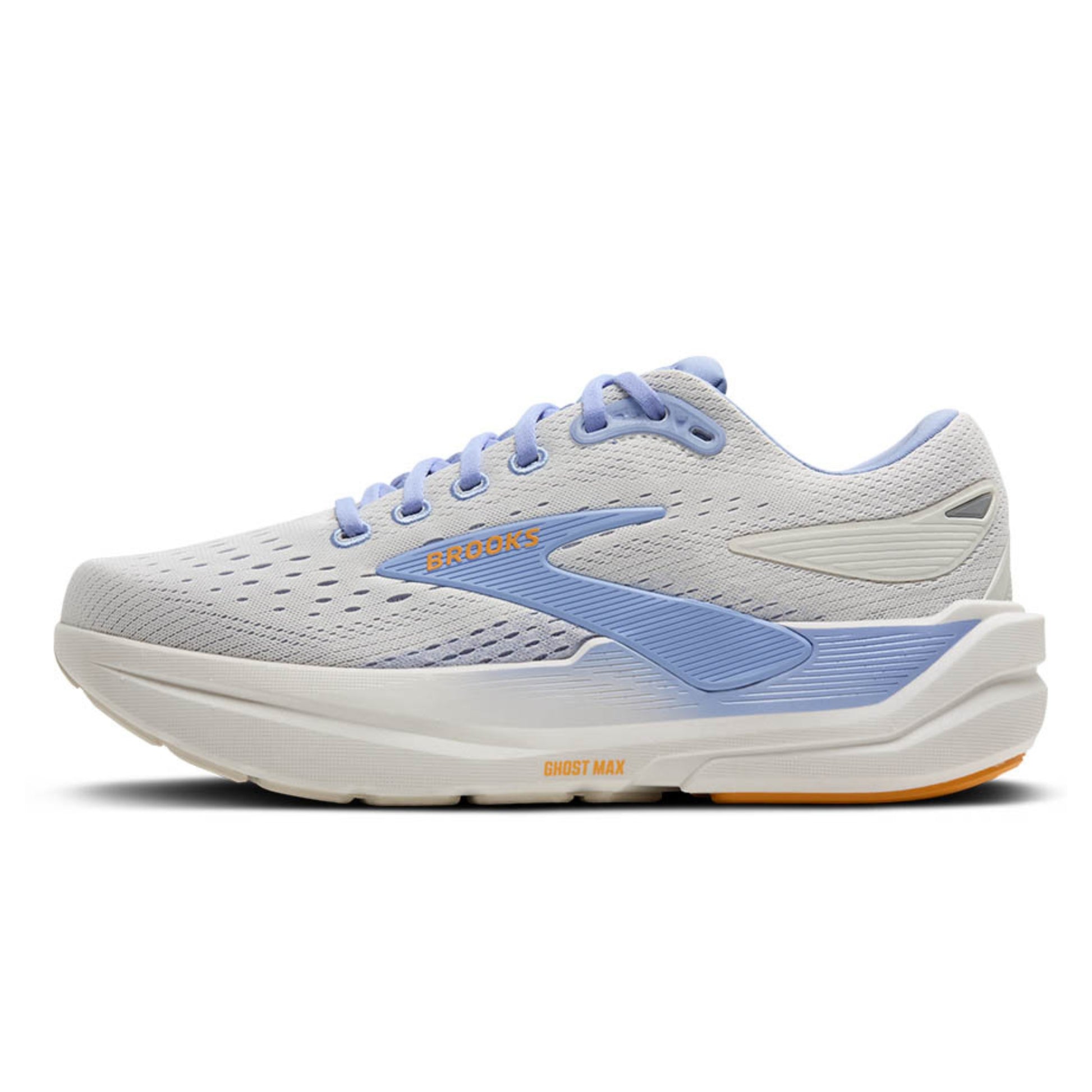 White and blue running shoe with brand logo on a white background