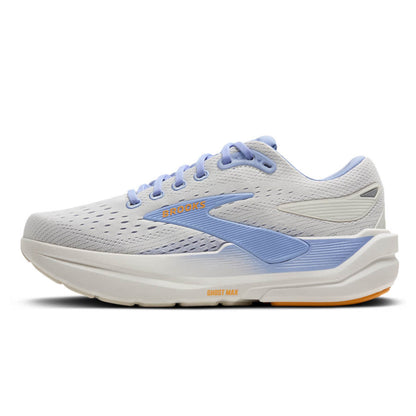 White and blue running shoe with brand logo on a white background