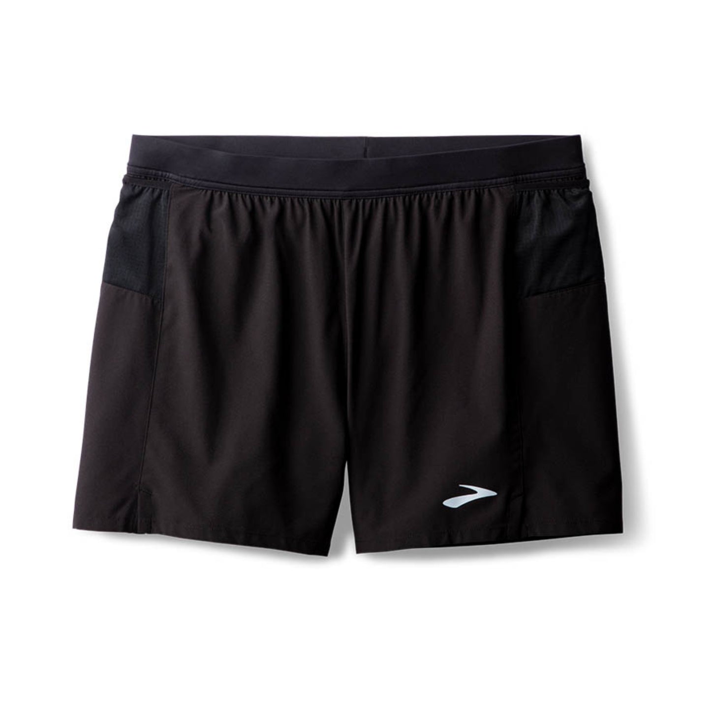 Black running shorts with a brand logo on a white background