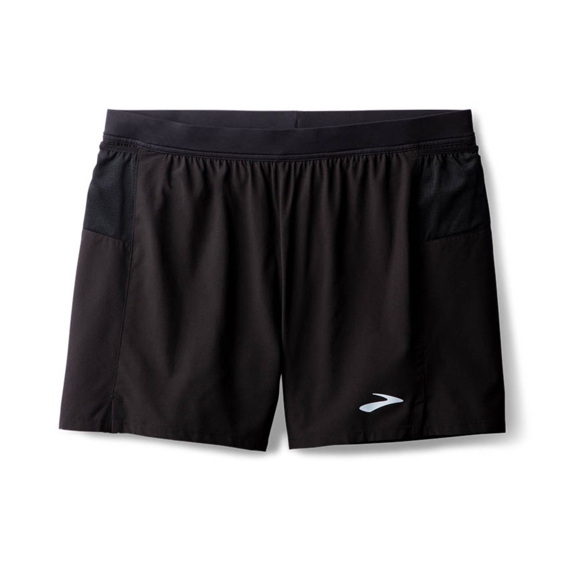 Black running shorts with a brand logo on a white background