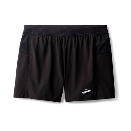 Black running shorts with a brand logo on a white background