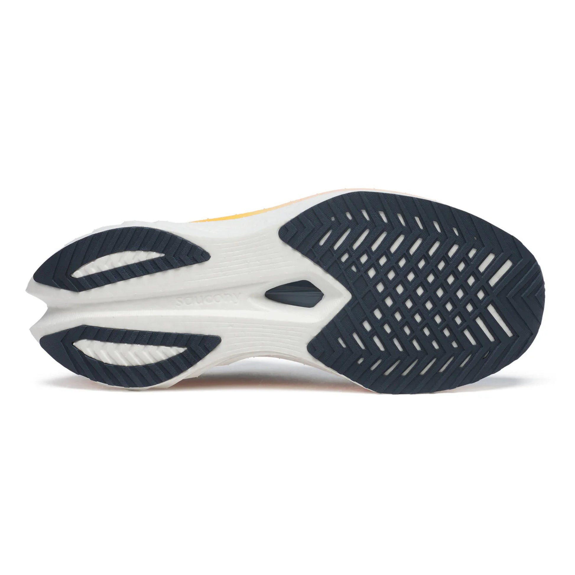 Bottom of the running shoe with white and navy sole 