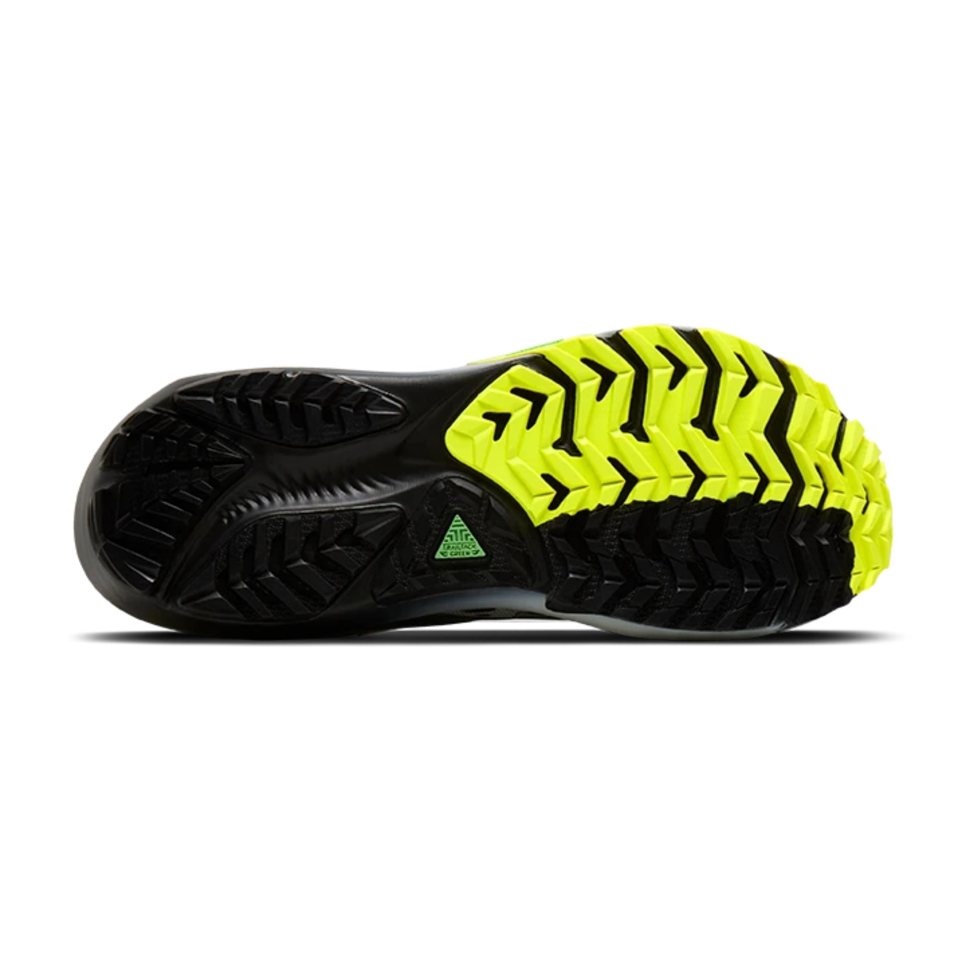 Close-up of a black and yellow Brooks running shoe sole on a white background
