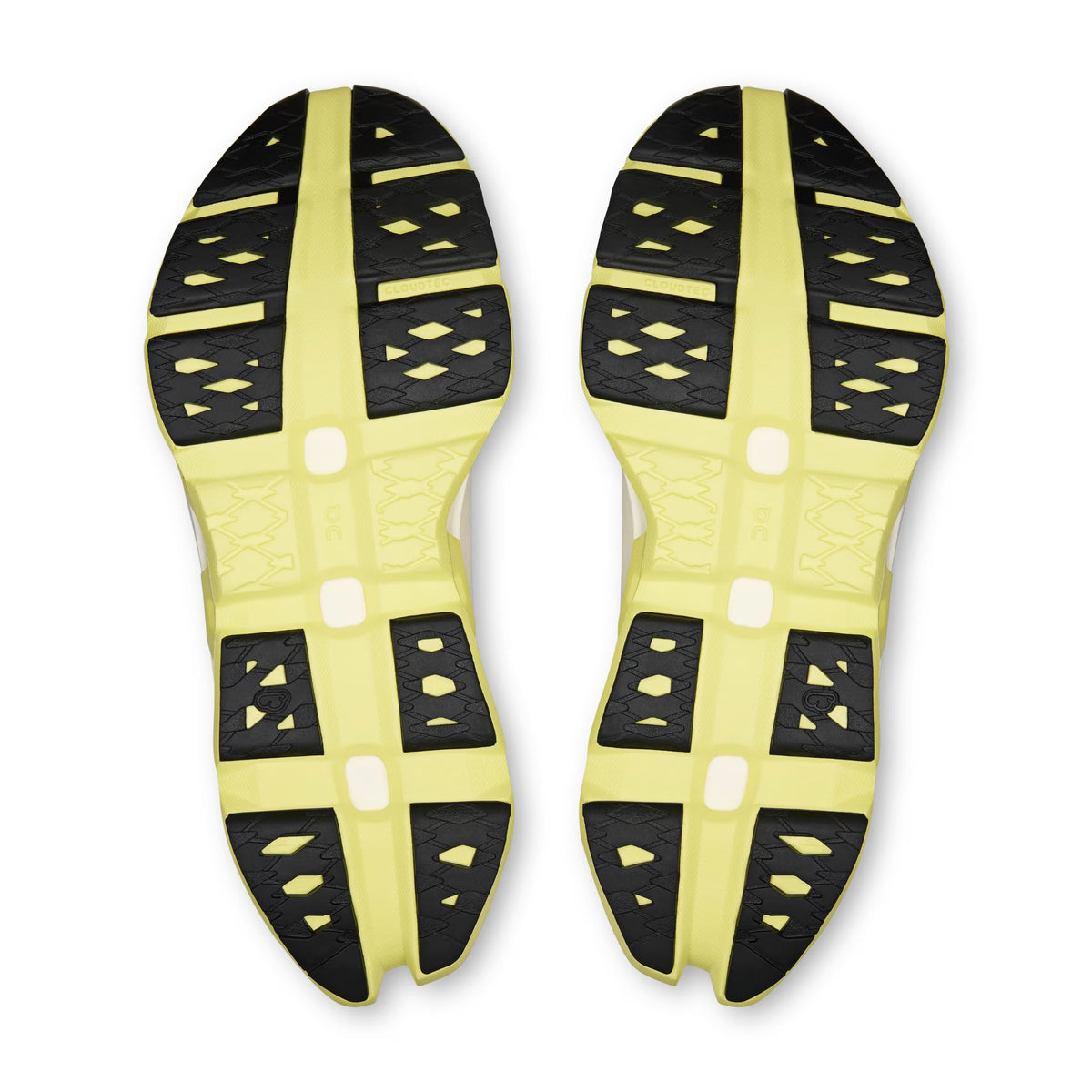 A pair of On running shoes shown from the sole view, featuring a bright yellow-green midsole and black textured outsole with geometric grip patterns, set against a plain white background.