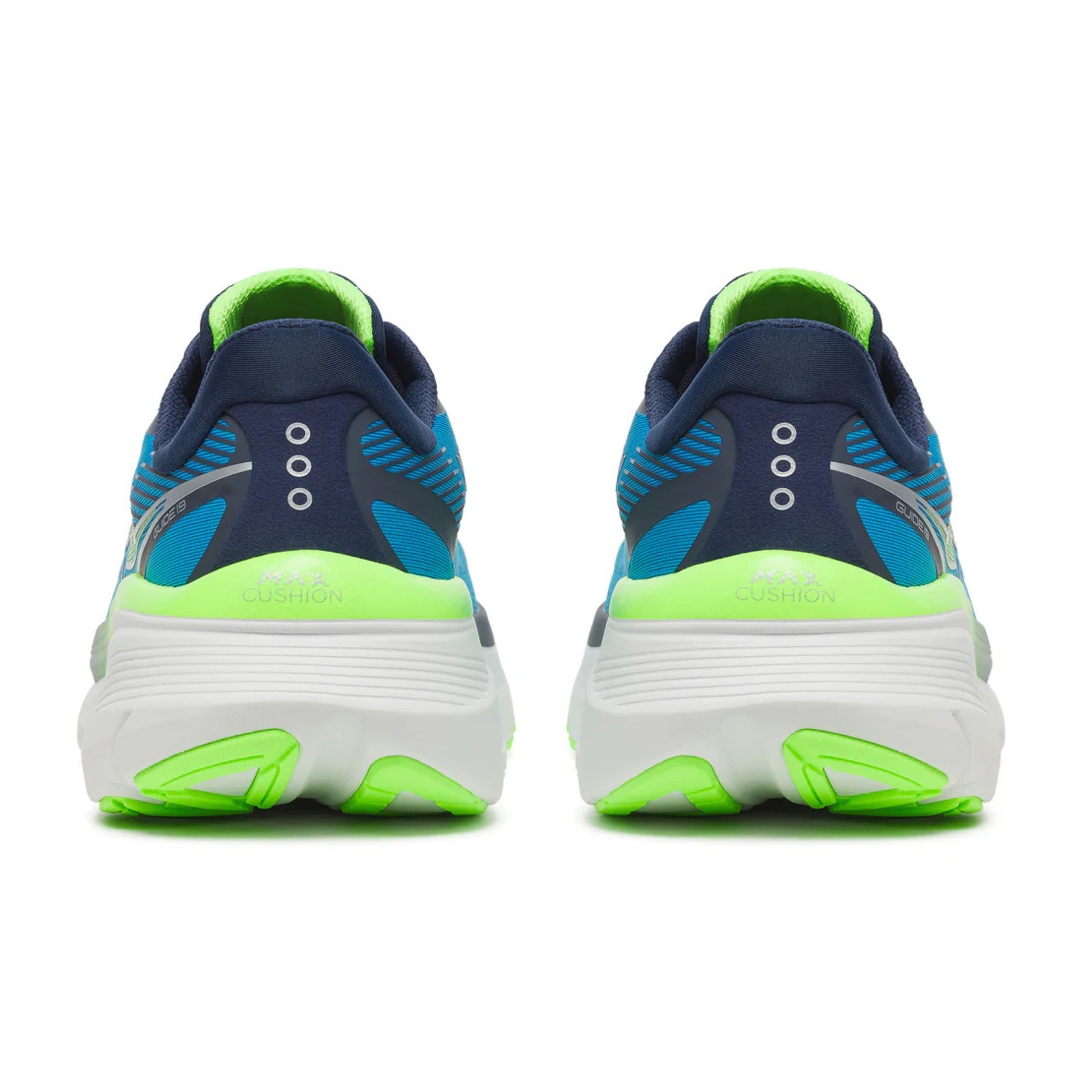 Back view of a pair of blue and green Saucony running shoes on a white background