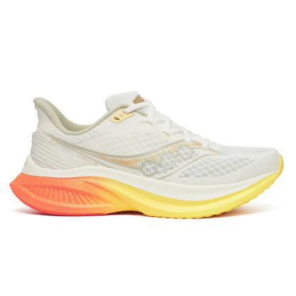 White Saucony running shoe with a colorful sole on a white background