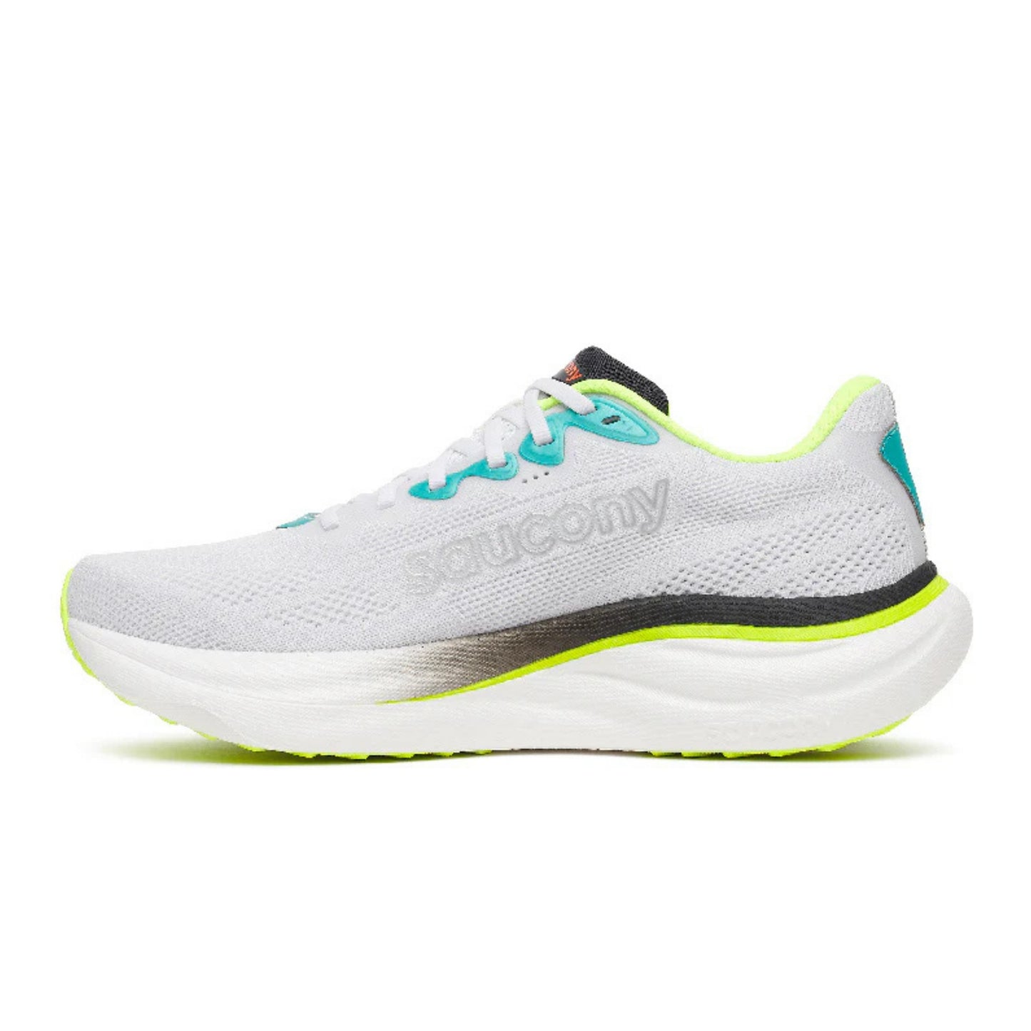 White and black running shoe with yellow accents on a white background