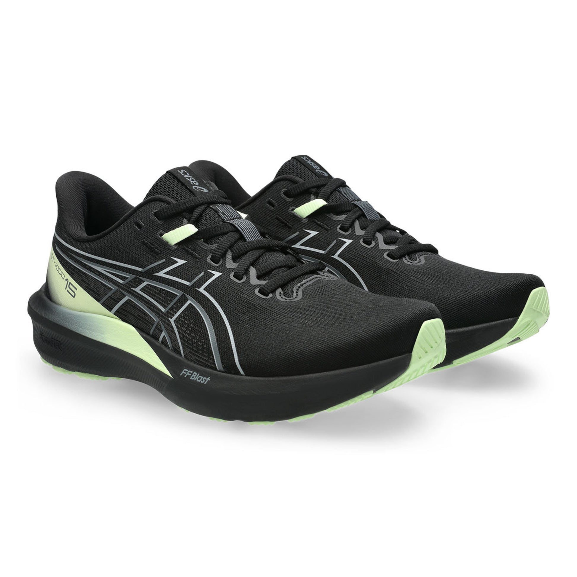 Black Asics running shoes with yellow accents on a white background