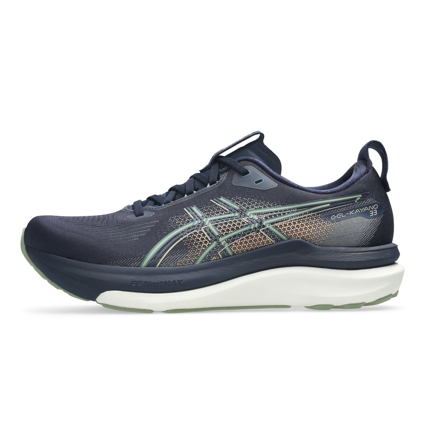 Navy blue Asics running shoe with green and gold accents on a white background